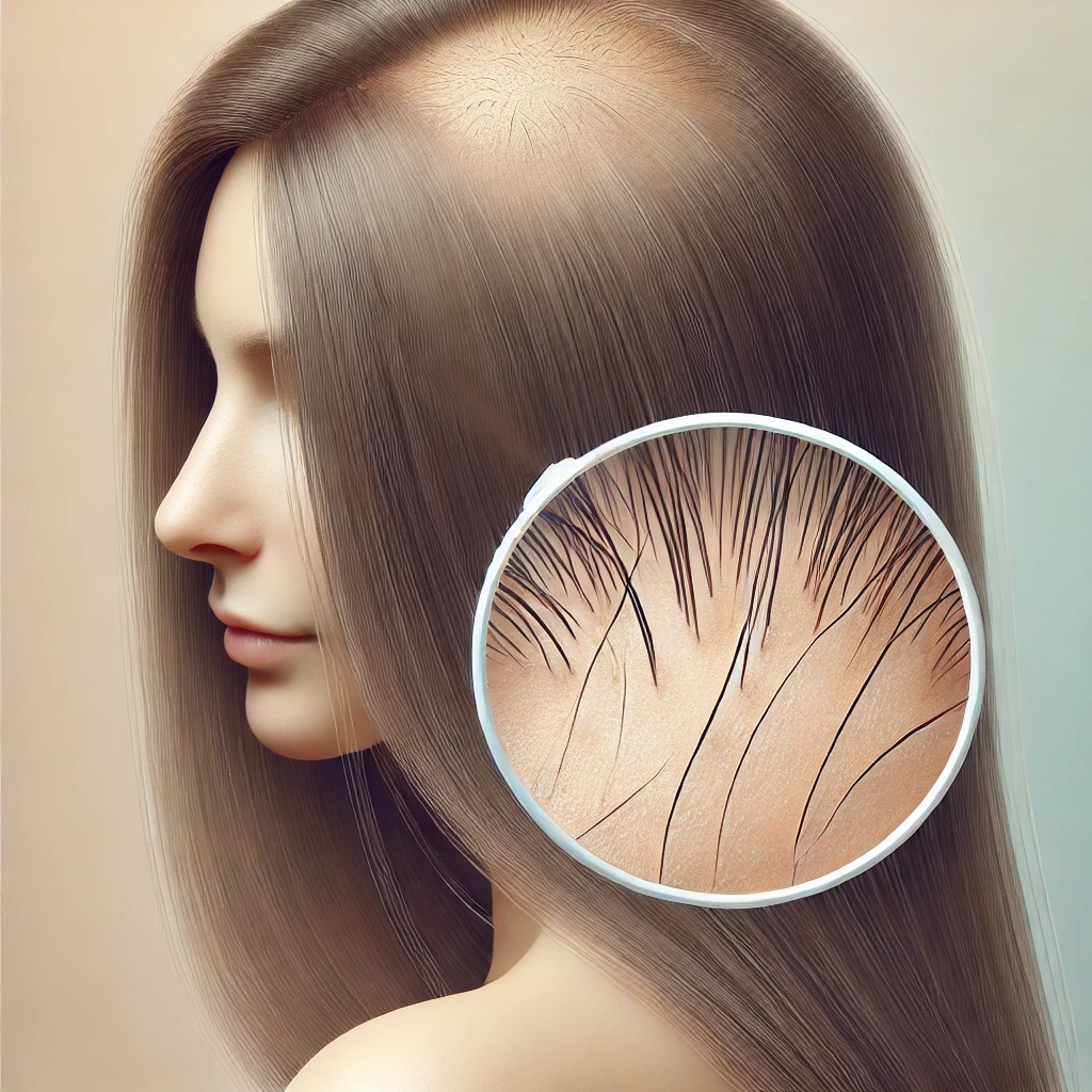 DALL·E 2024-12-06 15.31.35 - A realistic thumbnail design for showcasing hair loss on a healthcare website. The image features a close-up of a scalp with thinning hair, clearly sh