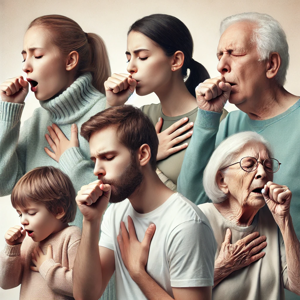 DALL·E 2024-12-11 00.26.40 - A realistic and professional image showing a diverse group of individuals coughing in one frame. The image includes a man, a child, and an elderly per