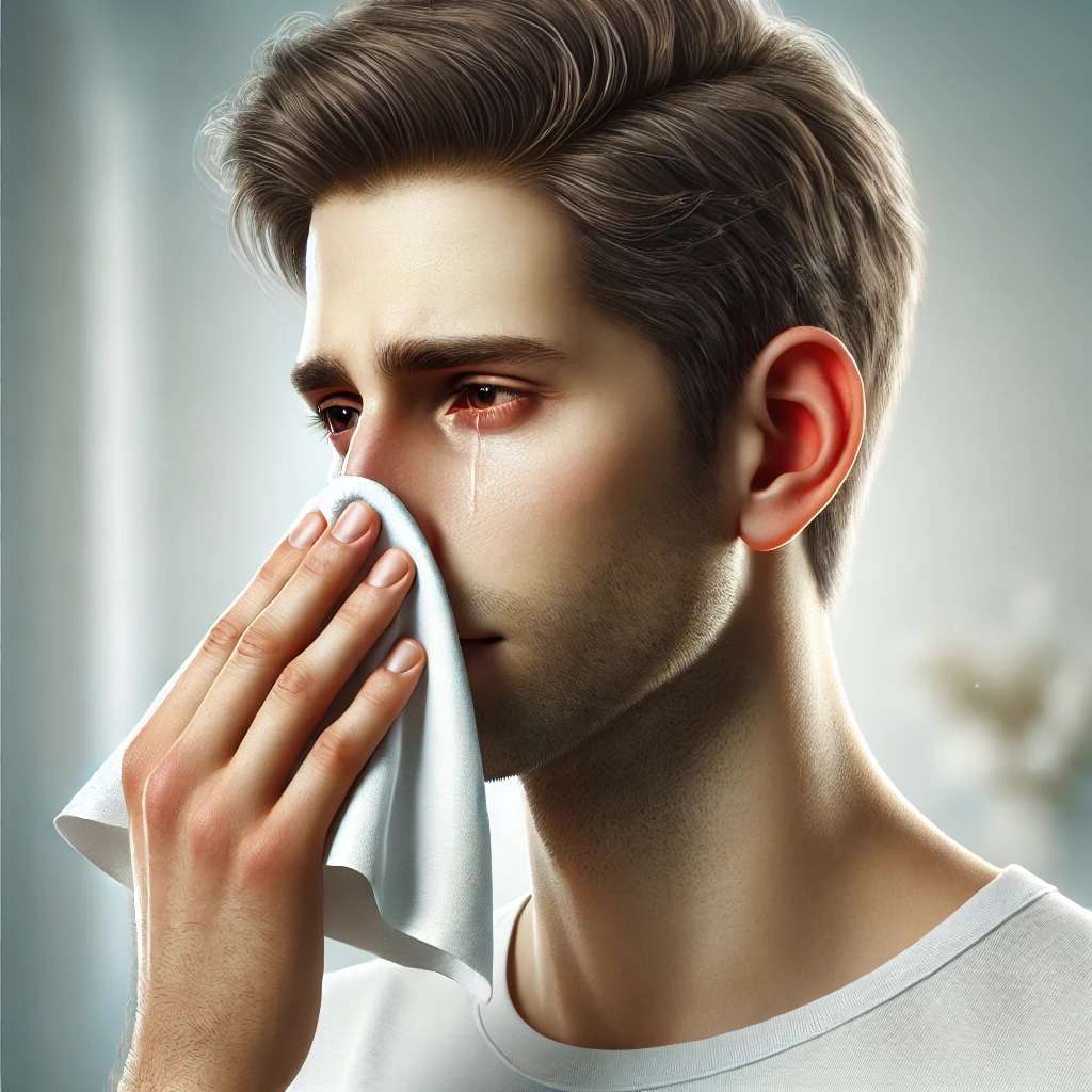 DALL·E 2024-12-11 16.14.32 - A realistic and professional image depicting common cold symptoms, featuring a person with a runny nose, sneezing, or holding a tissue to their nose.