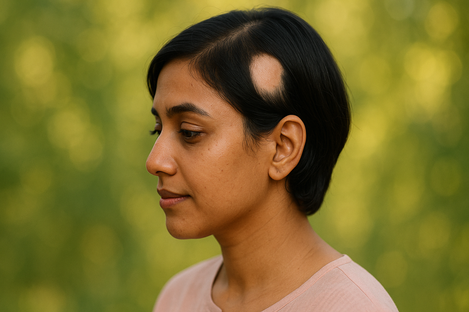 Person with short hair outdoors